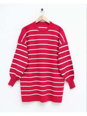 Bisiklet Yaka Fitilli Triko Tunik  -Fuşya