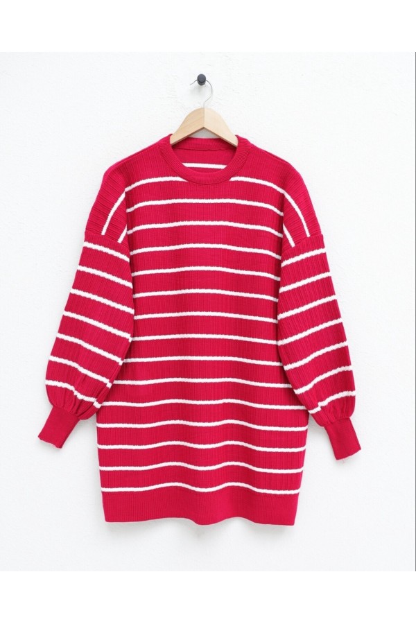 Crew Neck Ribbed Knitwear Tunic  -Fuchsia