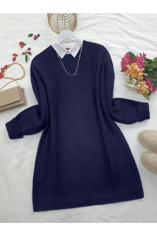 Crew Neck Diamond Pattern Knitwear Sweater     -Navy blue