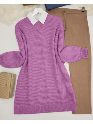 Bisiklet Yaka Baklava Desen Triko Kazak     -Mor