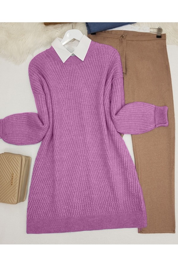 Crew Neck Diamond Pattern Knitwear Sweater     - Purple