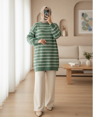 Crew Neck Ribbed Knitwear Tunic    -Sea green