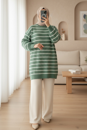 Crew Neck Ribbed Knitwear Tunic    -Sea green
