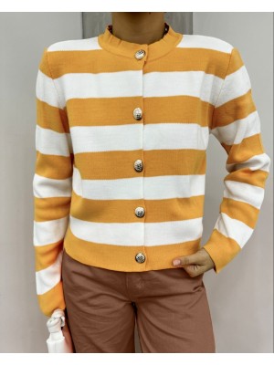 Ringelli Metal Düğmeli Kısa Hırka     -Hardal