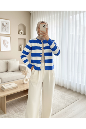 High Collar Striped Buttoned Knitted Cardigan -Blue