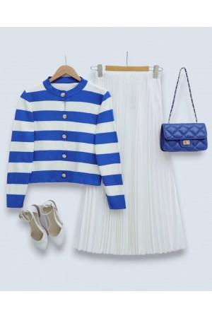 High Collar Striped Buttoned Knitted Cardigan -Blue