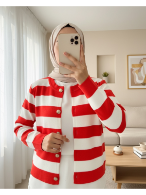 Ringelli Metal Düğmeli Kısa Hırka     -Nar Çiçeği