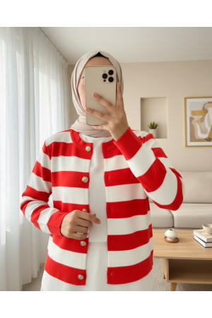 High Collar Striped Buttoned Knitted Cardigan  -Garnet Color