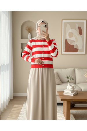 High Collar Striped Buttoned Knitted Cardigan  -Garnet Color