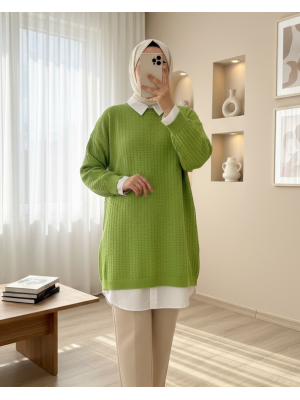 Bisiklet Yaka Örgü Desenli Triko Tunik   -A.Yeşil