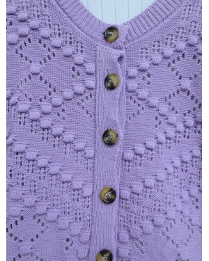 Openwork Embossed Bone Buttoned Knitted Cardigan -Lilac