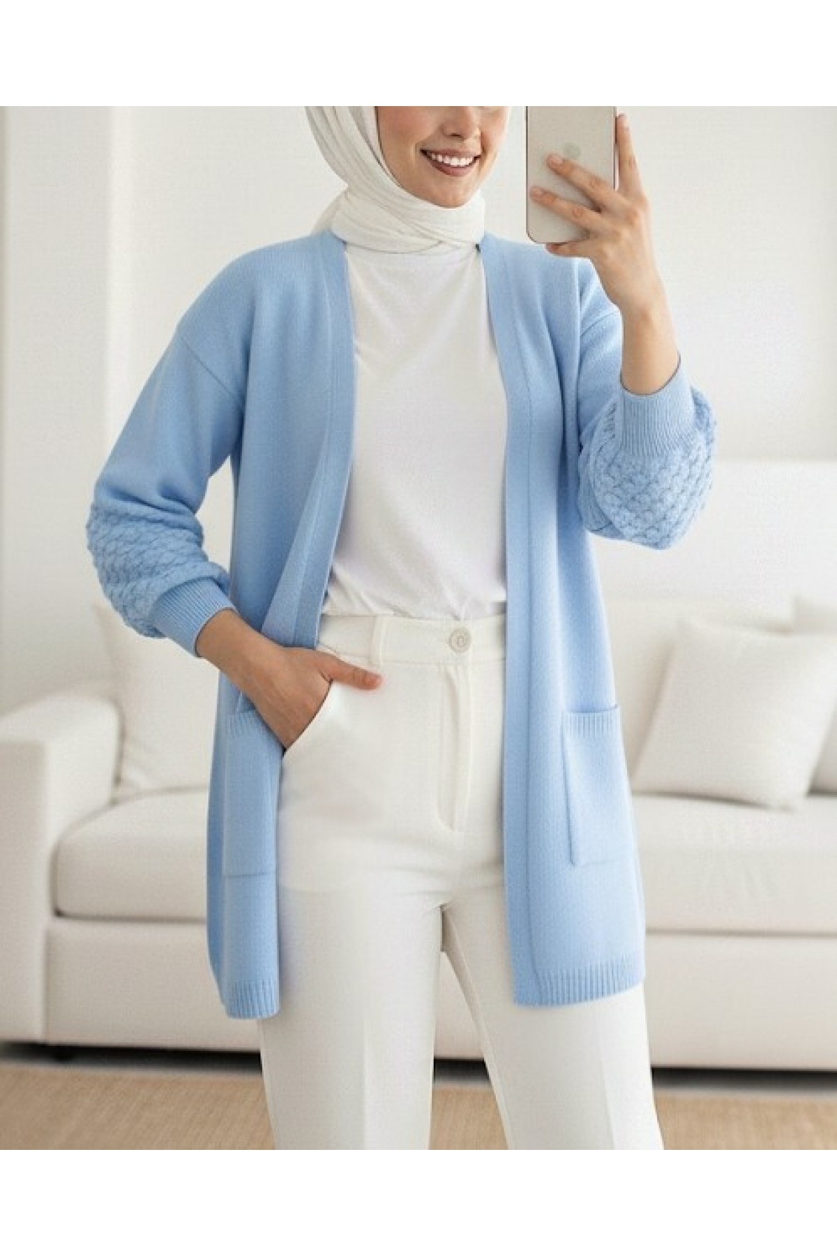 Balloon Sleeve Sleeve Pompom Pocket Cardigan   -Baby Blue