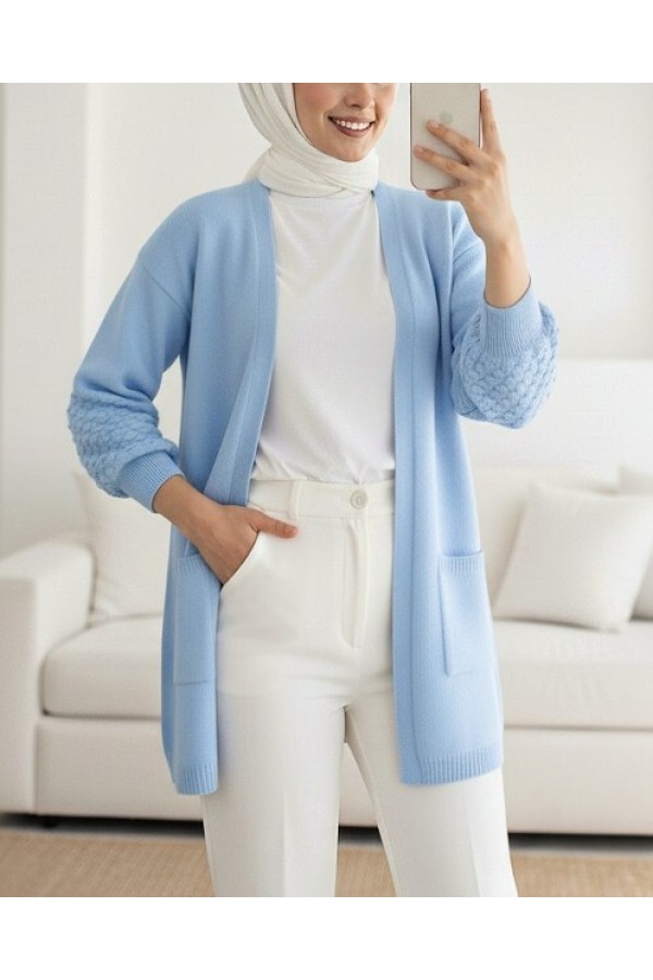 Balloon Sleeve Sleeve Pompom Pocket Cardigan   -Baby Blue