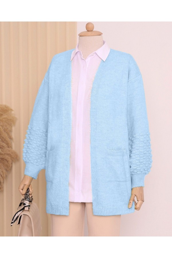 Balloon Sleeve Sleeve Pompom Pocket Cardigan   -Baby Blue