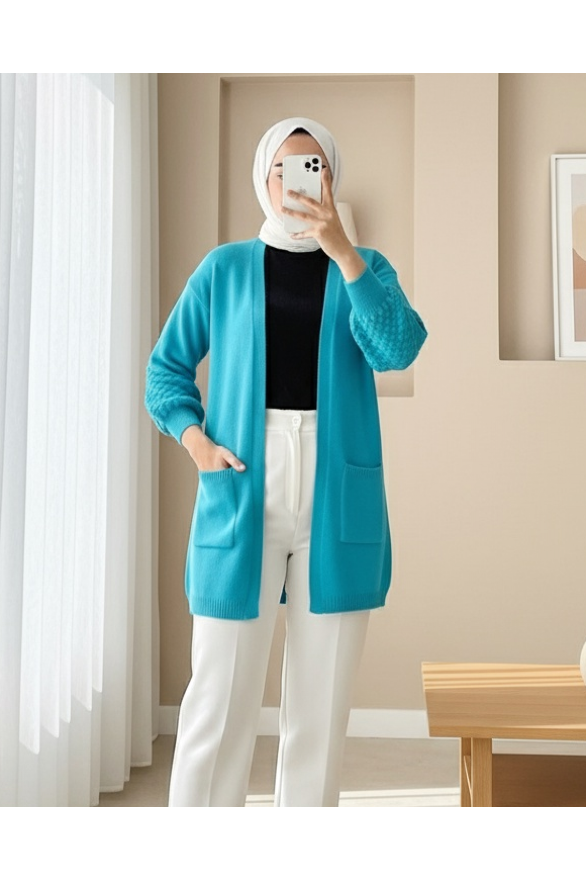 Balloon Sleeve Sleeve Pompom Pocket Cardigan   - Turquoise