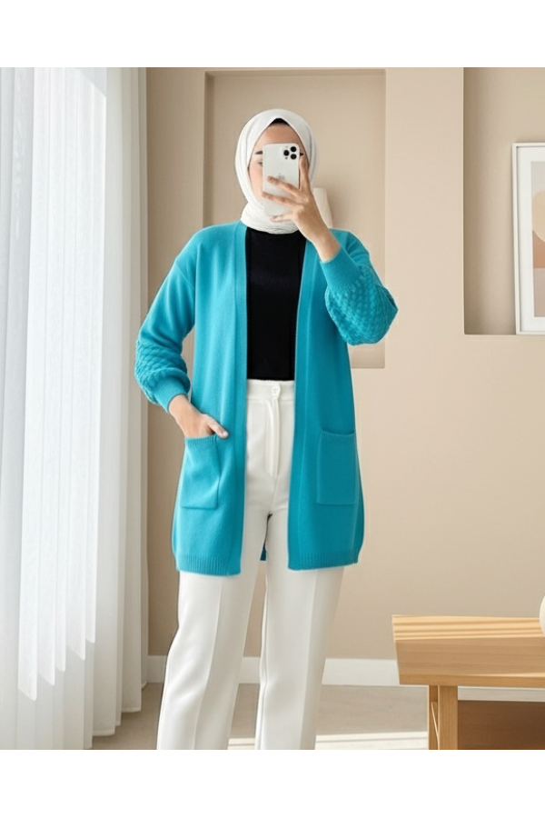 Balloon Sleeve Sleeve Pompom Pocket Cardigan   - Turquoise