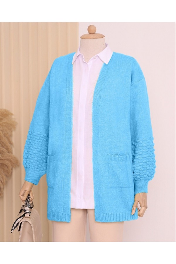 Balloon Sleeve Sleeve Pompom Pocket Cardigan   - Turquoise