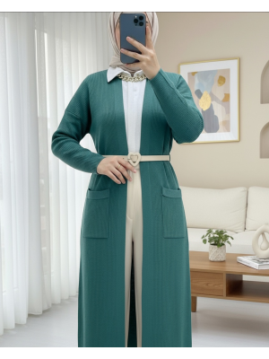 Cepli Yırtmaçlı Uzun Triko Hırka  -Mint