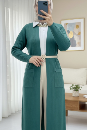 Cepli Yırtmaçlı Uzun Triko Hırka  -Mint