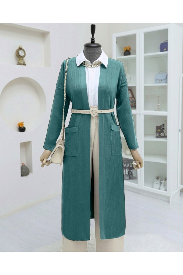Long Knitted Cardigan with Pockets and Slits  -Mint Color