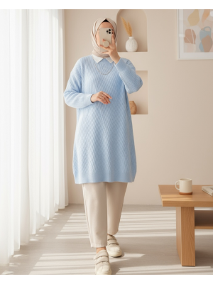 Bisiklet Yaka Baklava Desen Triko Kazak        -Bebe Mavi