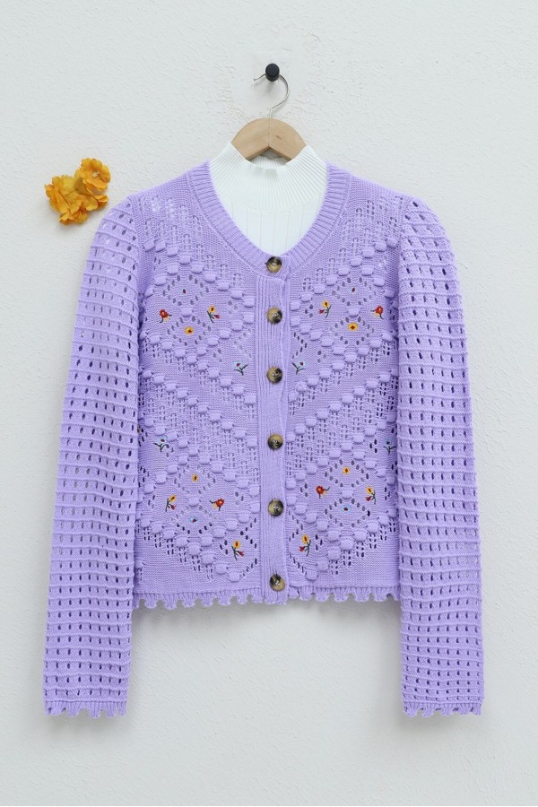 Floral Embroidered Pompom Openwork Knitted Cardigan -Lilac