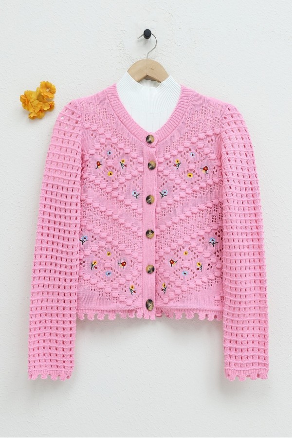 Floral Embroidered Pompom Openwork Knitted Cardigan -Pink