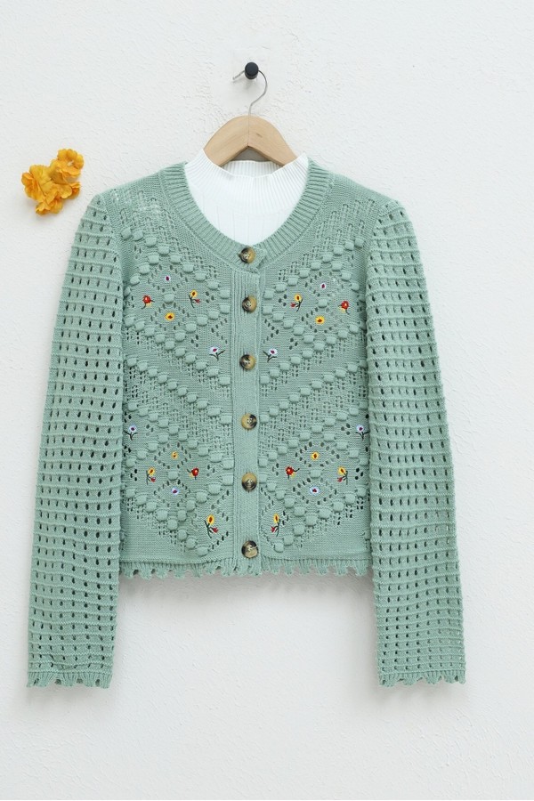 Floral Embroidered Pompom Openwork Knitted Cardigan -Sea green
