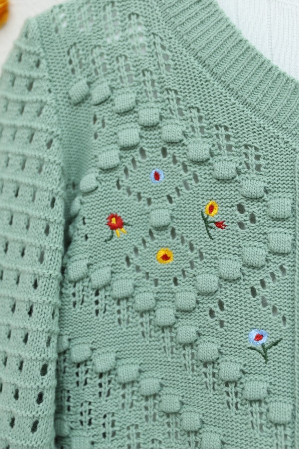 Floral Embroidered Pompom Openwork Knitted Cardigan -Sea green