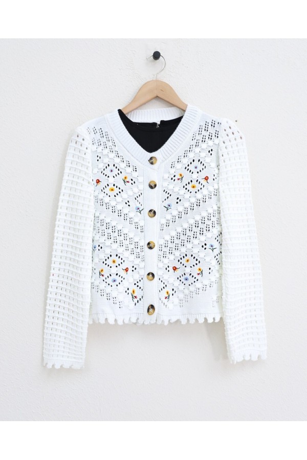 Floral Embroidered Pompom Openwork Knitted Cardigan  -Ecru