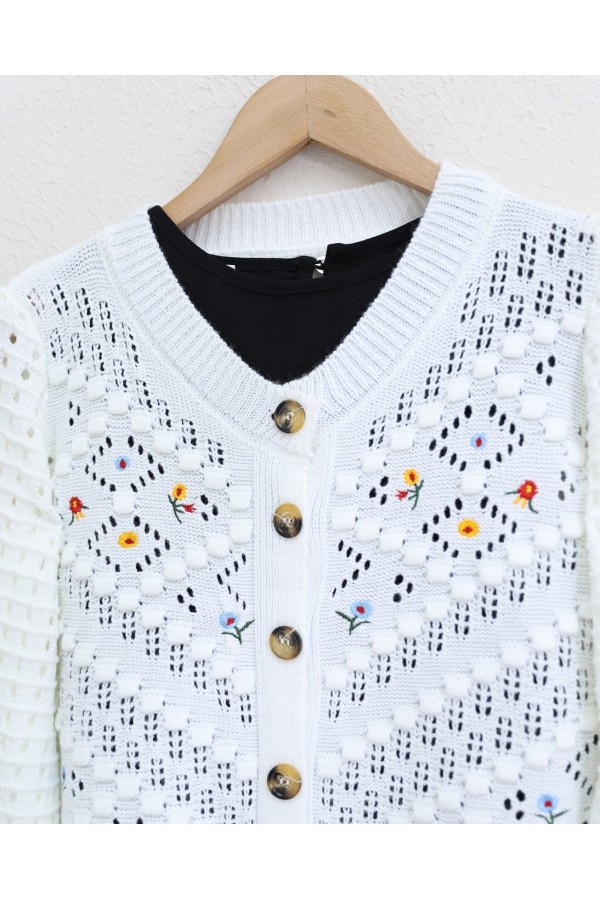 Floral Embroidered Pompom Openwork Knitted Cardigan  -Ecru