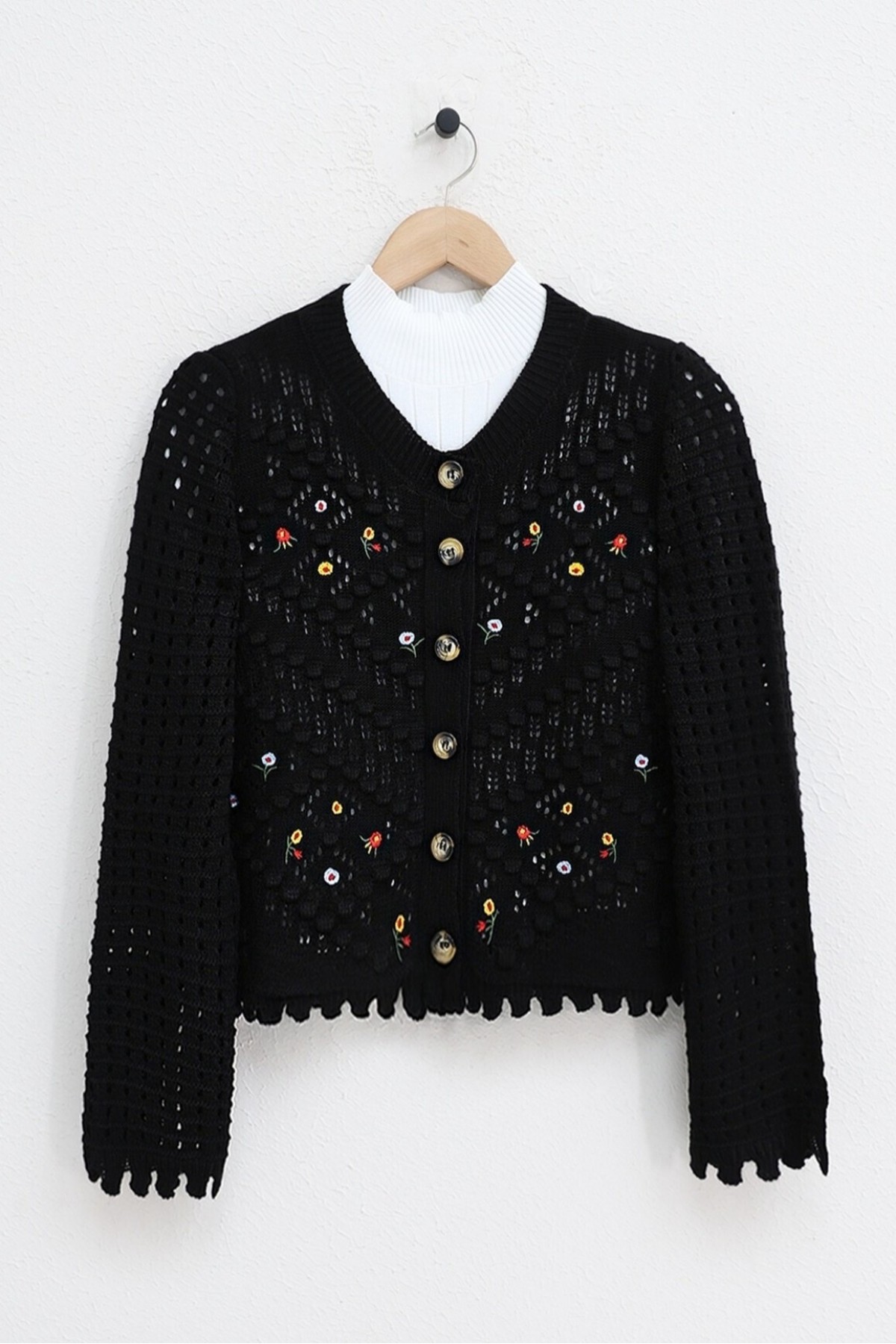 Floral Embroidered Pompom Openwork Knitted Cardigan  -Black