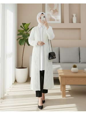 Baklava Desen Ajurlu Uzun Triko Hırka  -Krem