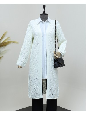 Baklava Desen Ajurlu Uzun Triko Hırka  -Krem