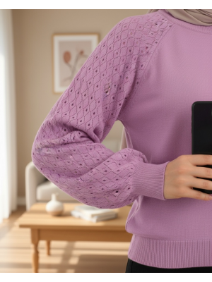  Kolları Ajurlu kadın Triko Kazak   -Pembe