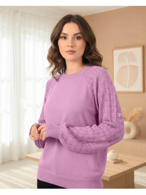  Kolları Ajurlu kadın Triko Kazak   -Pembe
