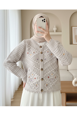 Floral Embroidered Pompom Openwork Knitted Cardigan   -Stone