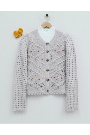 Floral Embroidered Pompom Openwork Knitted Cardigan   -Stone