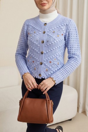 Çiçek Nakışlı Ponponlu Ajurlu Triko Hırka    -Bebe Mavi