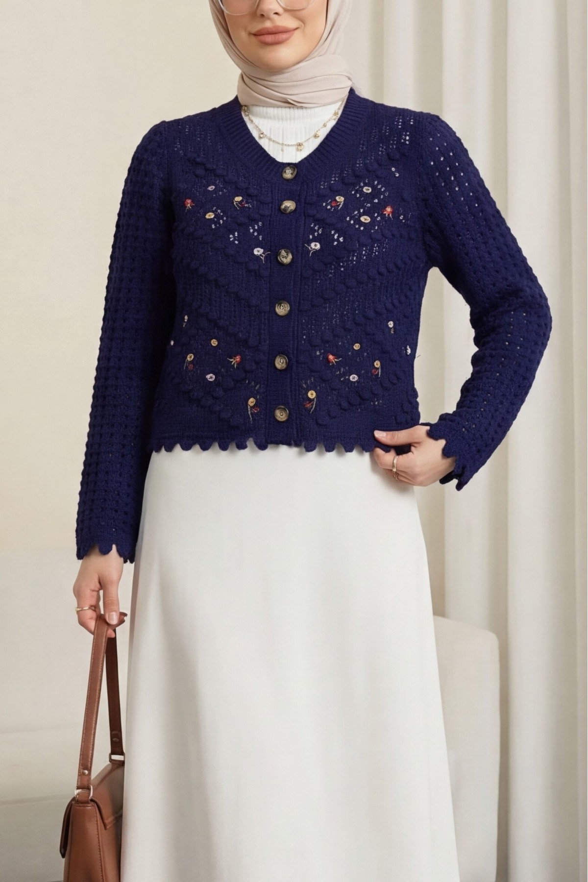 Floral Embroidered Pompom Openwork Knitted Cardigan    -Navy blue