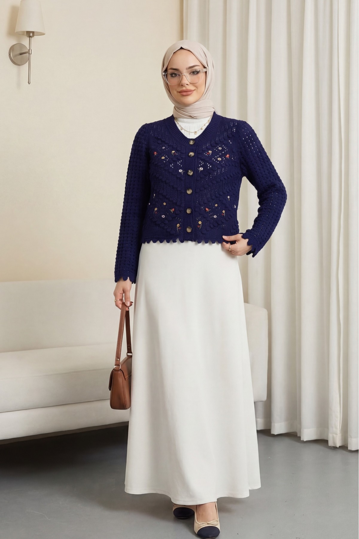 Floral Embroidered Pompom Openwork Knitted Cardigan    -Navy blue
