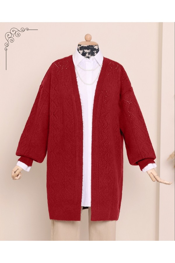 Sleeve and Front Openwork Fluffy Cardigan    -Red