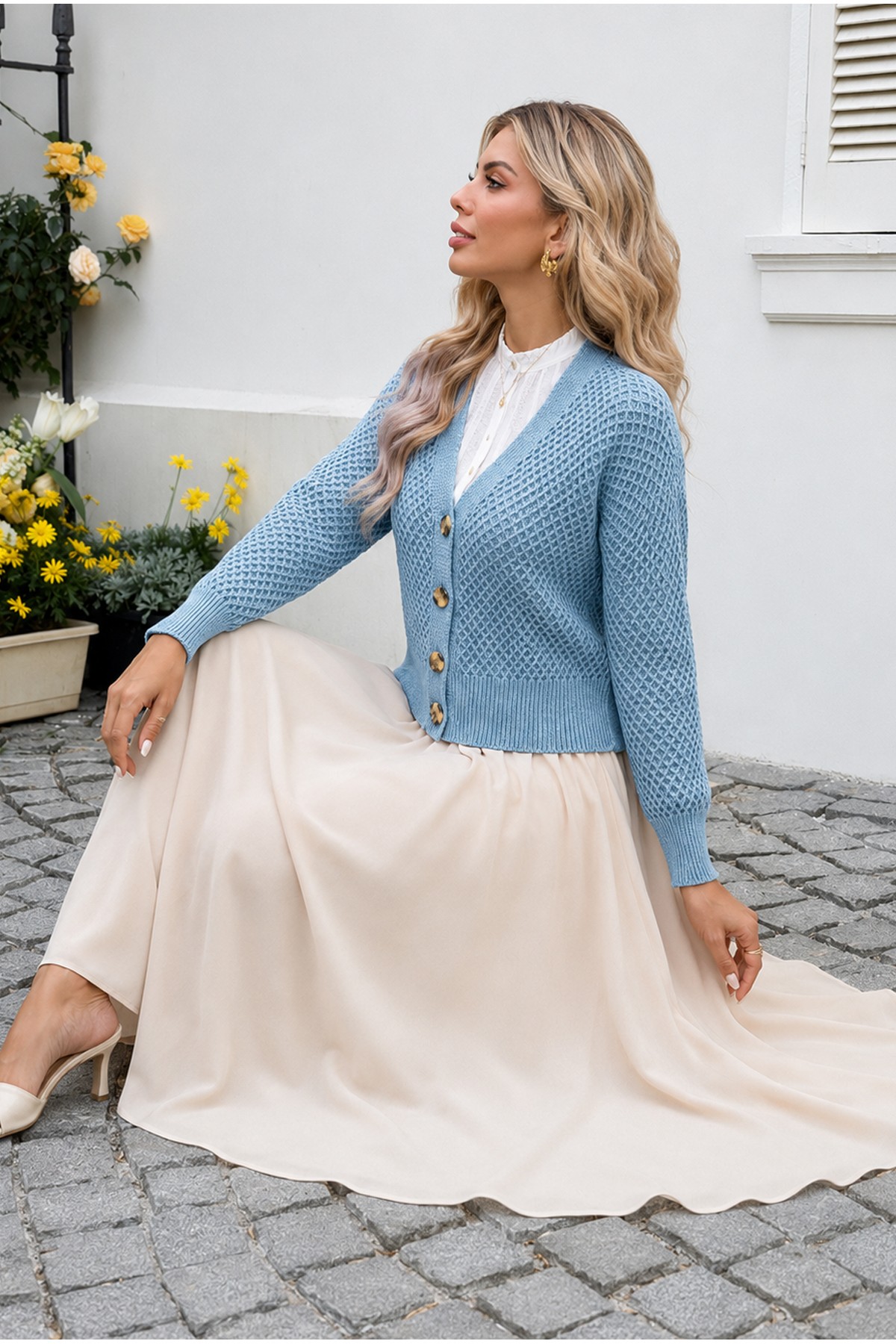 Openwork Bone Button Slit Cardigan -Baby Blue