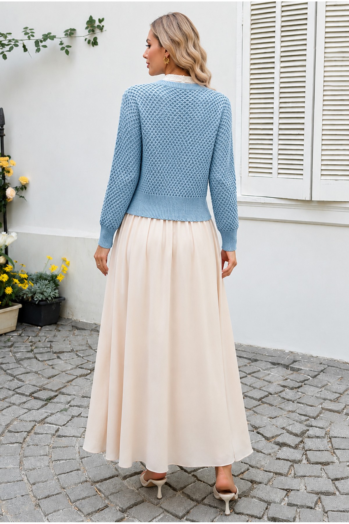Openwork Bone Button Slit Cardigan -Baby Blue