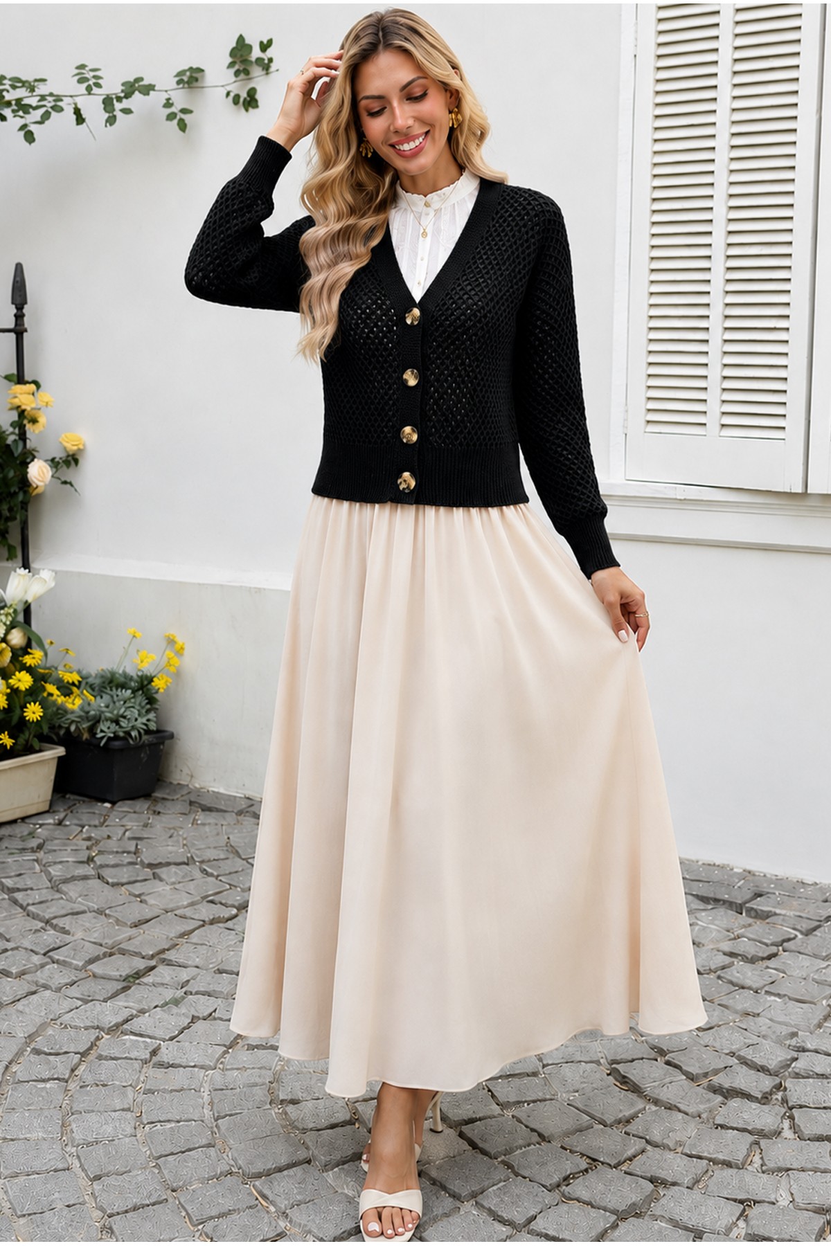 Openwork Bone Button Slit Cardigan -Black