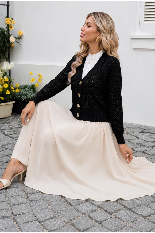 Openwork Bone Button Slit Cardigan -Black