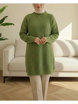 Bisiklet Yaka Baklava Desen Triko Kazak         -F.Yeşili