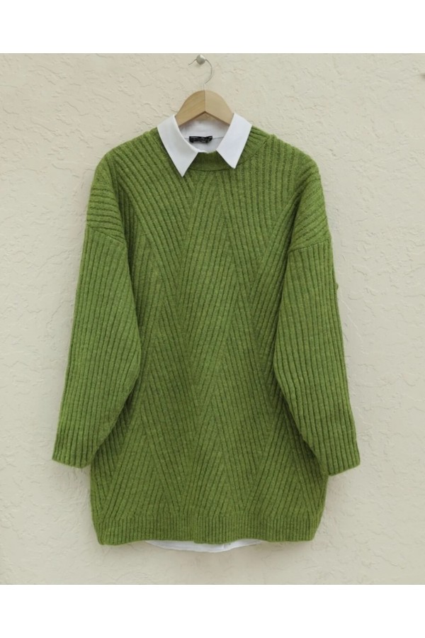 Crew Neck Diamond Pattern Knitwear Sweater         -PISTACHIO GREEN