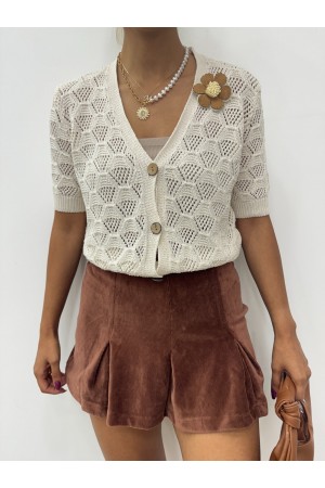 Çiçek Rozetli Ajurlu Triko Hırka -Taş