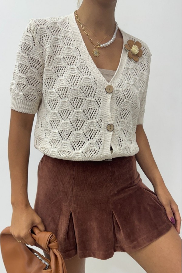 Openwork Knitted Cardigan with Flower Rosettes -Stone